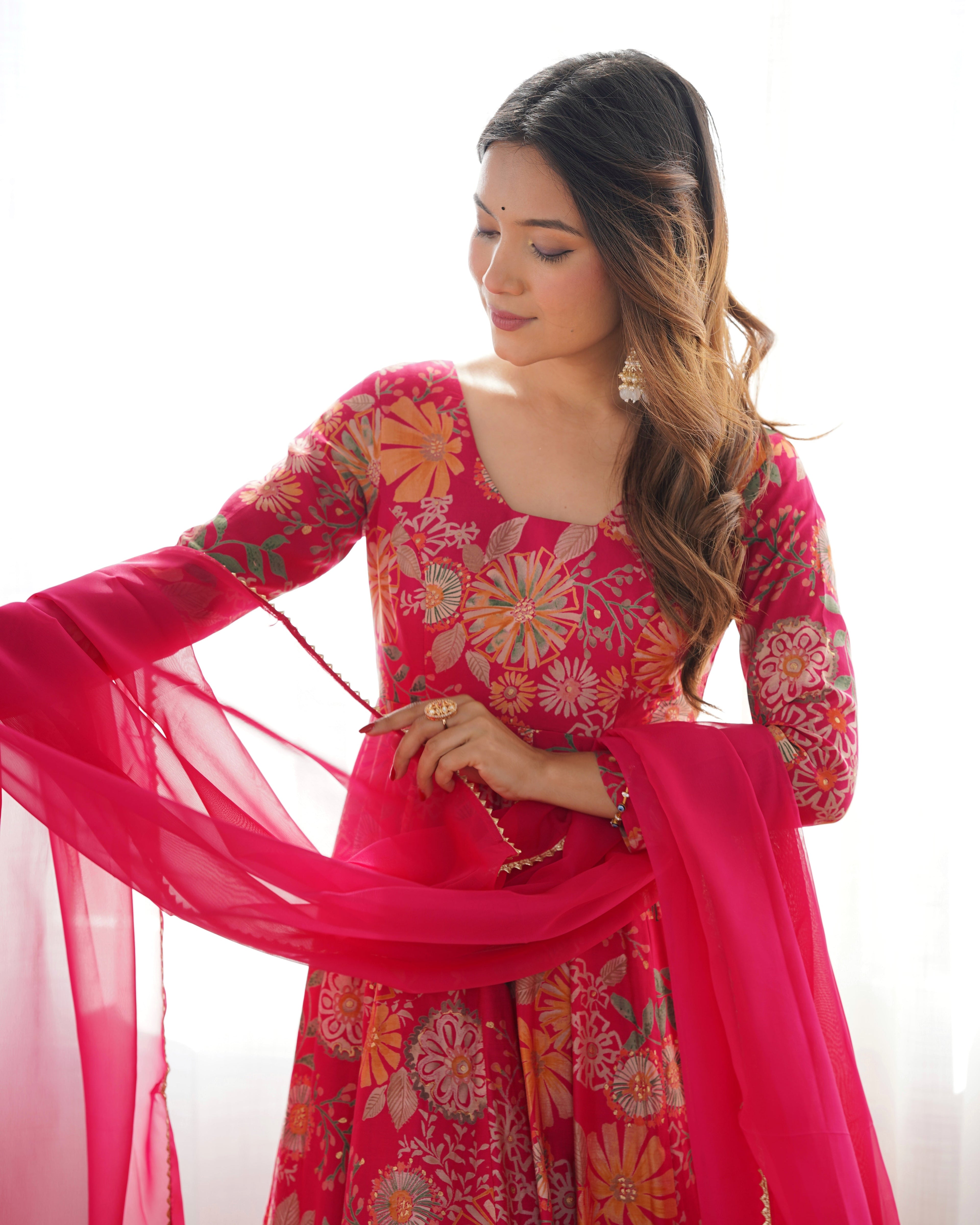 Lorenvalley Women Pure Soft Roman silk Chanderi Discharge Print Fabric Kediya Kurta Palazzo with Dupatta Set - Ranipink
