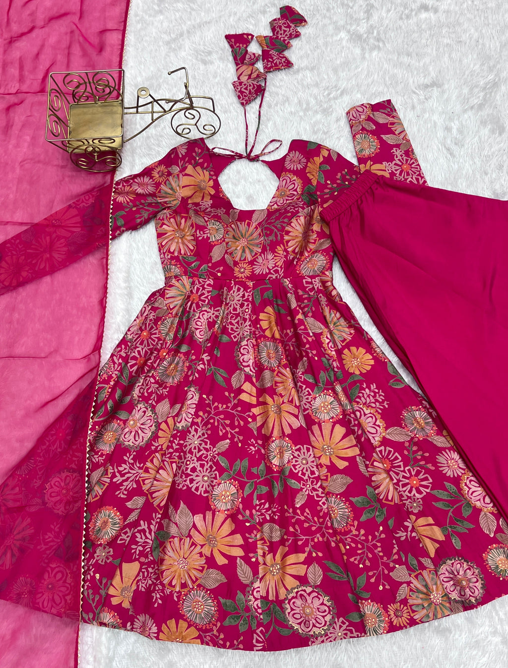 Lorenvalley Women Pure Soft Roman silk Chanderi Discharge Print Fabric Kediya Kurta Palazzo with Dupatta Set - Ranipink