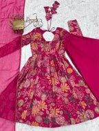 Lorenvalley Women Pure Soft Roman silk Chanderi Discharge Print Fabric Kediya Kurta Palazzo with Dupatta Set - Ranipink