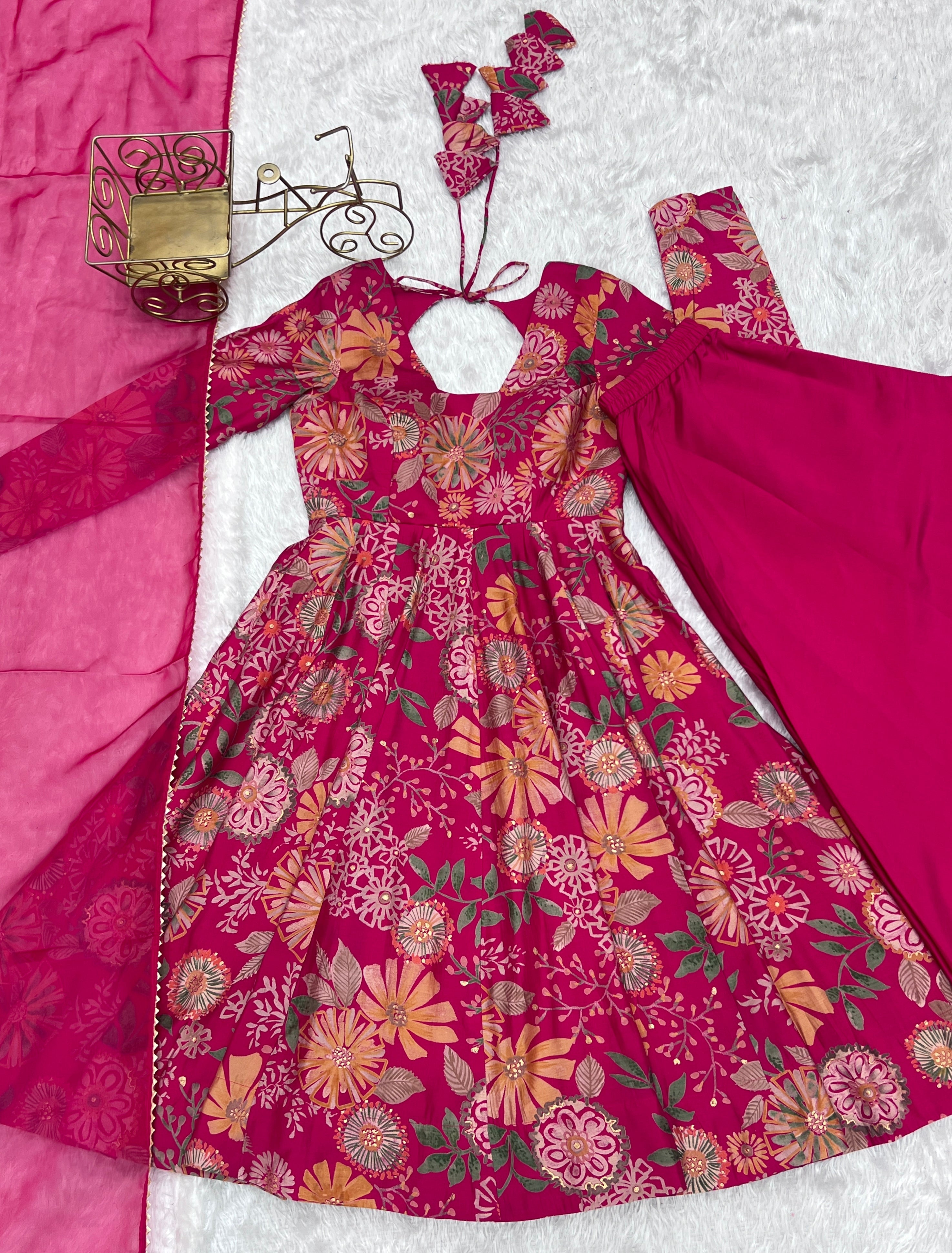Lorenvalley Women Pure Soft Roman silk Chanderi Discharge Print Fabric Kediya Kurta Palazzo with Dupatta Set - Ranipink