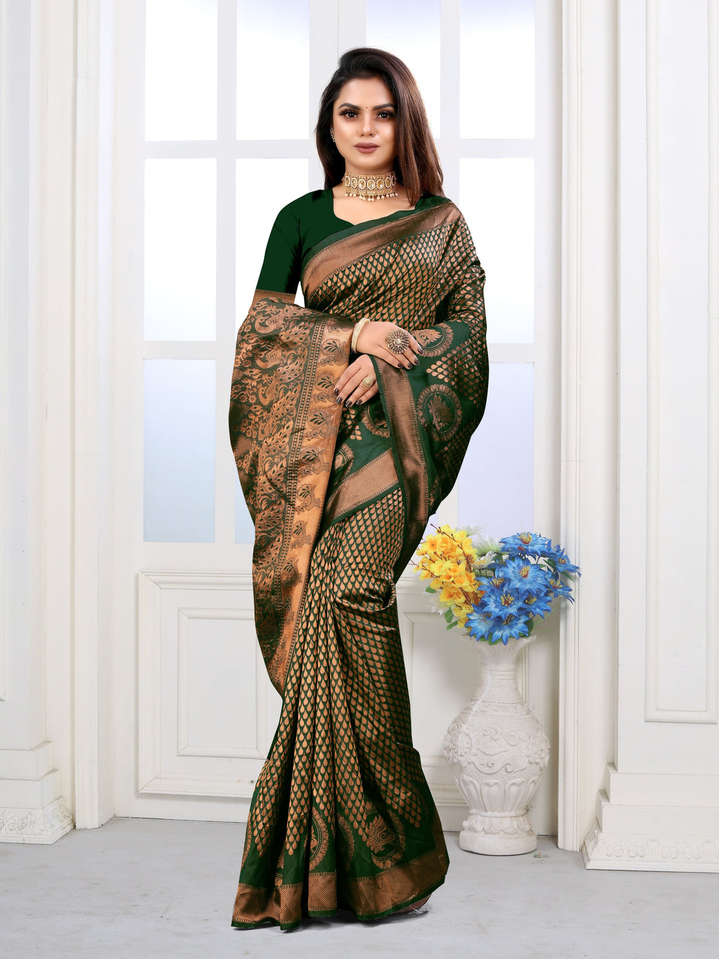 Vedant Vastram Litchi Silk Designer Banarasi Saree - Green - Distacart