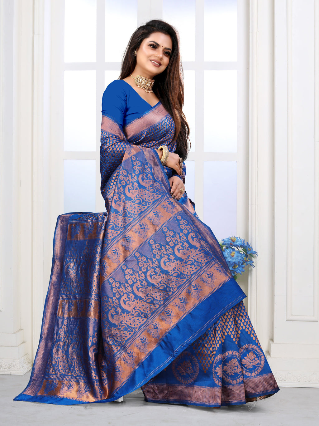 Vedant Vastram Litchi Silk Designer Banarasi Saree - Blue - Distacart