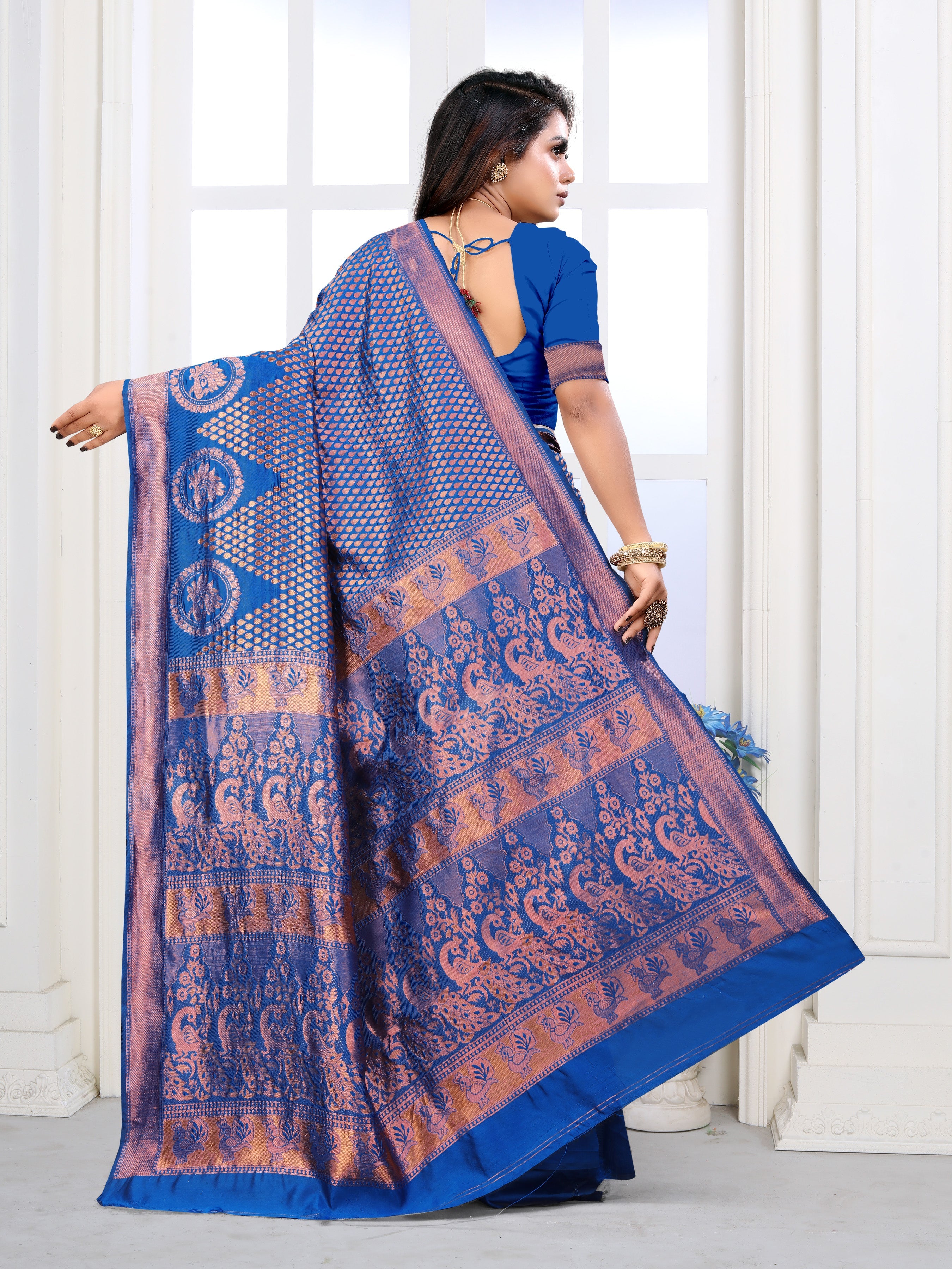Vedant Vastram Litchi Silk Designer Banarasi Saree - Blue - Distacart