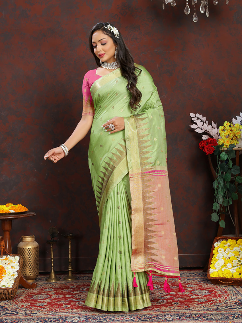 Lorenvalley Fashion Parotgreen Soft Katan Silk Woven Design Zari Weaving Pallu Saree