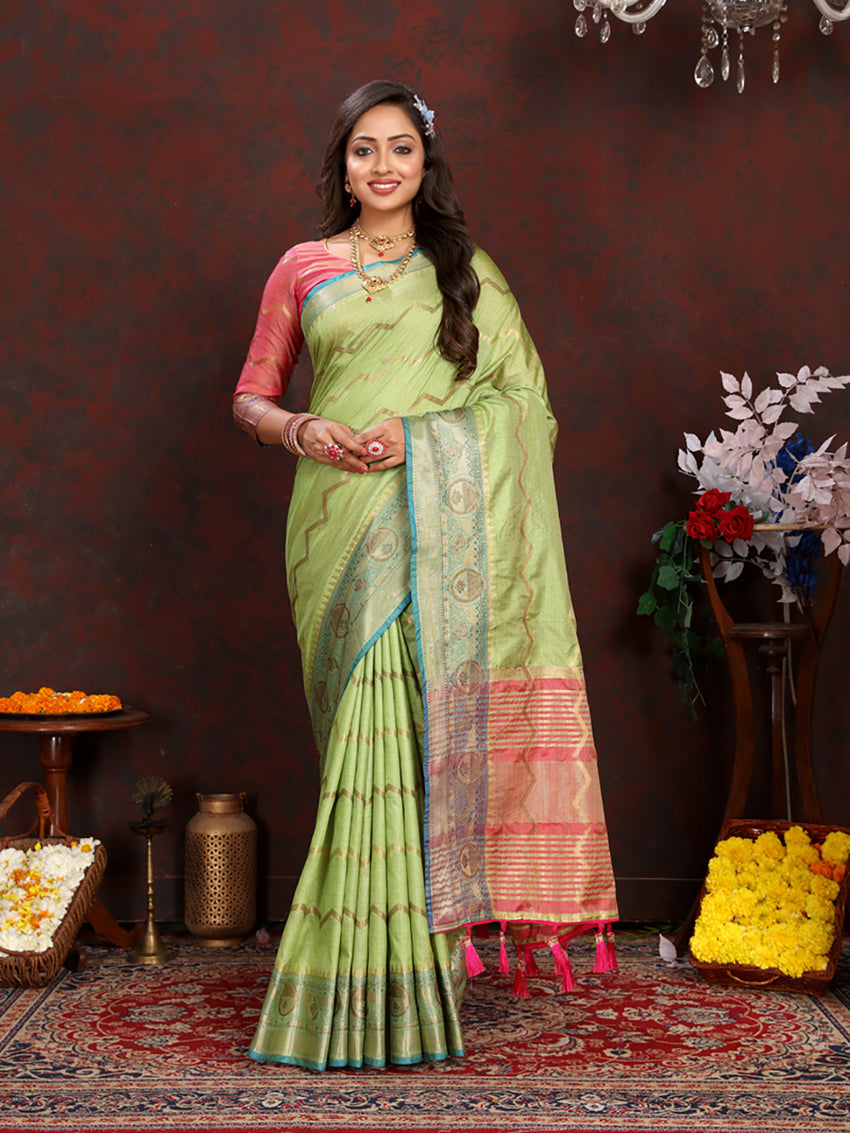 Lorenvalley Fashion Parotgreen Soft Katan Silk Woven Design Zari Weaving Pallu Saree