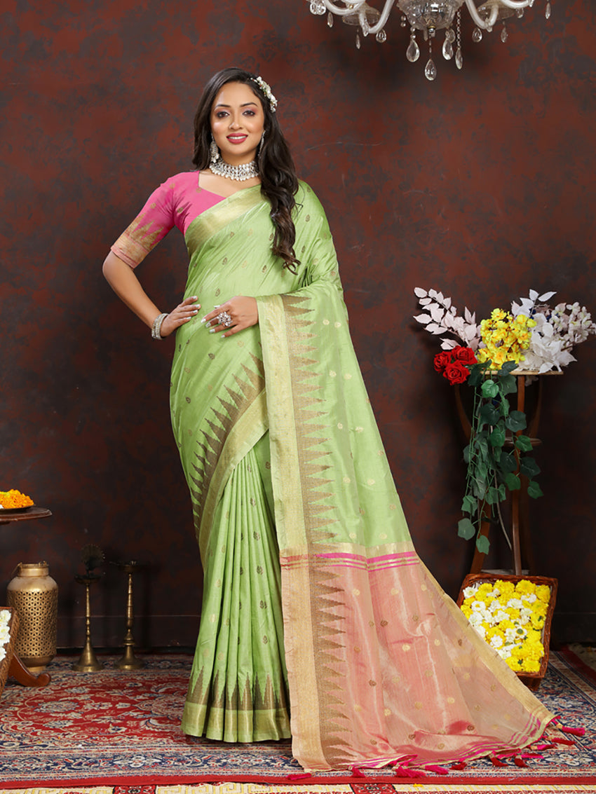 Lorenvalley Fashion Parotgreen Soft Katan Silk Woven Design Zari Weaving Pallu Saree