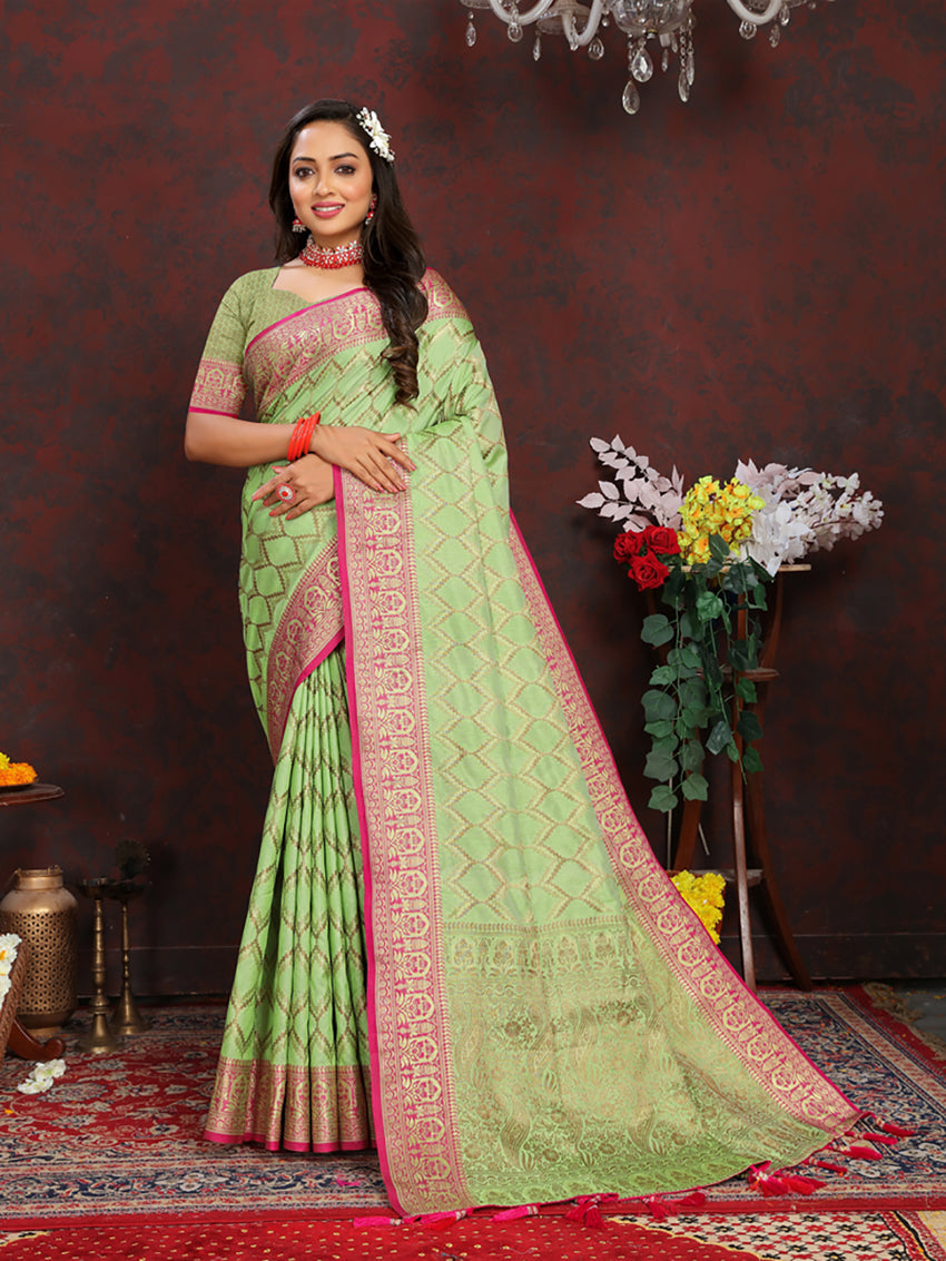 Lorenvalley Fashion Parotgreen Soft Katan Silk Woven Design Rich Zari Weaving Pallu Saree