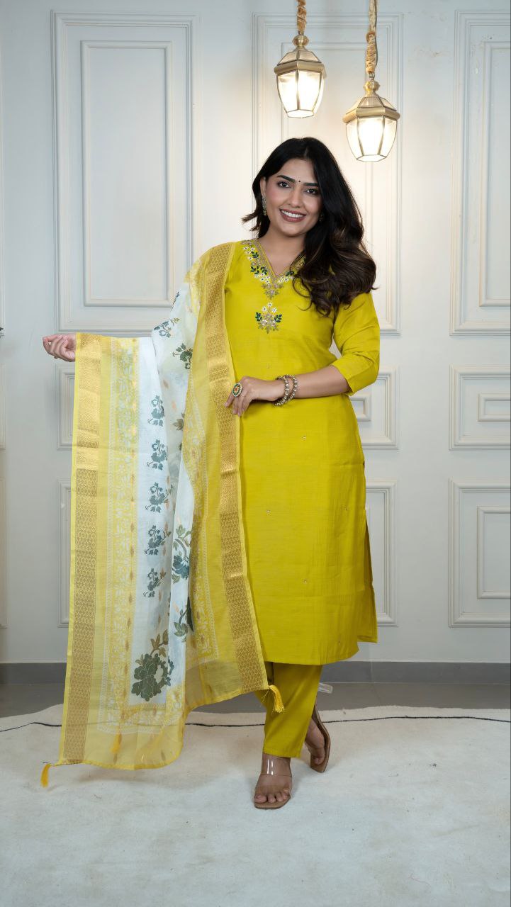 Lorenvalley Fashion Parotgreen Roman Silk Hand Work Kurta Pant with Dupatta - Distacart