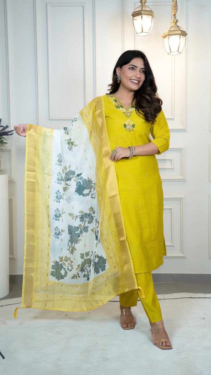 Lorenvalley Fashion Parotgreen Roman Silk Hand Work Kurta Pant with Dupatta - Distacart