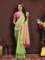 Lorenvalley Fashion Parotgreen Soft Katan Silk Woven Design Zari Weaving Pallu Saree