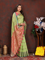 Lorenvalley Fashion Parotgreen Soft Katan Silk Woven Design Zari Weaving Pallu Saree