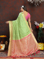 Lorenvalley Fashion Parotgreen Soft Katan Silk Woven Design Zari Weaving Pallu Saree