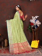 Lorenvalley Fashion Parotgreen Soft Katan Silk Woven Design Zari Weaving Pallu Saree