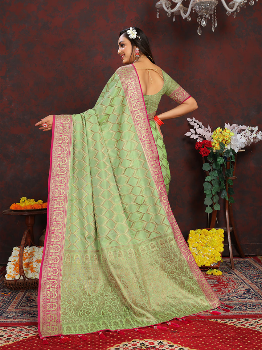 Lorenvalley Fashion Parotgreen Soft Katan Silk Woven Design Rich Zari Weaving Pallu Saree
