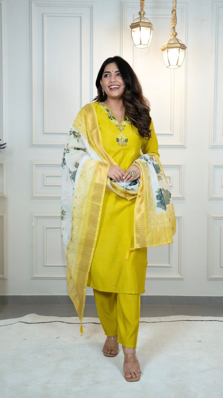 Lorenvalley Fashion Parotgreen Roman Silk Hand Work Kurta Pant with Dupatta - Distacart
