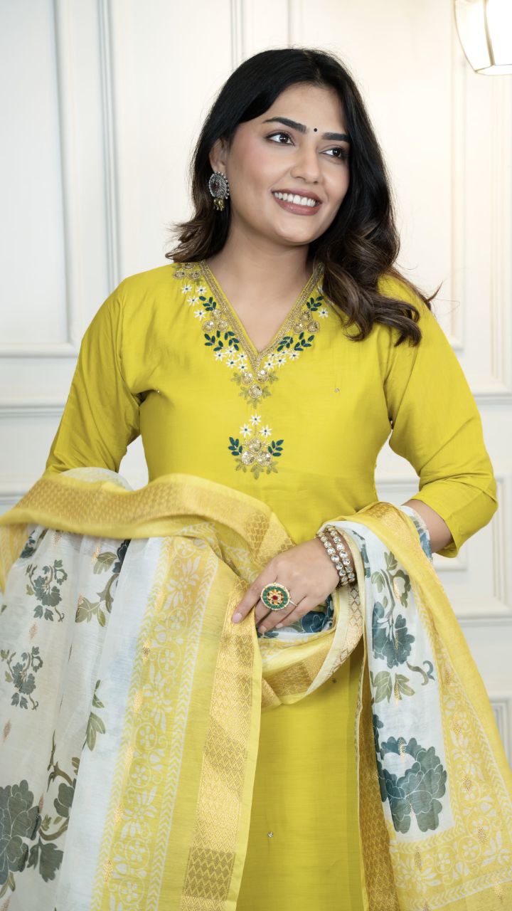 Lorenvalley Fashion Parotgreen Roman Silk Hand Work Kurta Pant with Dupatta - Distacart