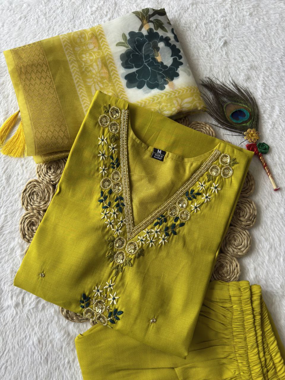 Lorenvalley Fashion Parotgreen Roman Silk Hand Work Kurta Pant with Dupatta - Distacart
