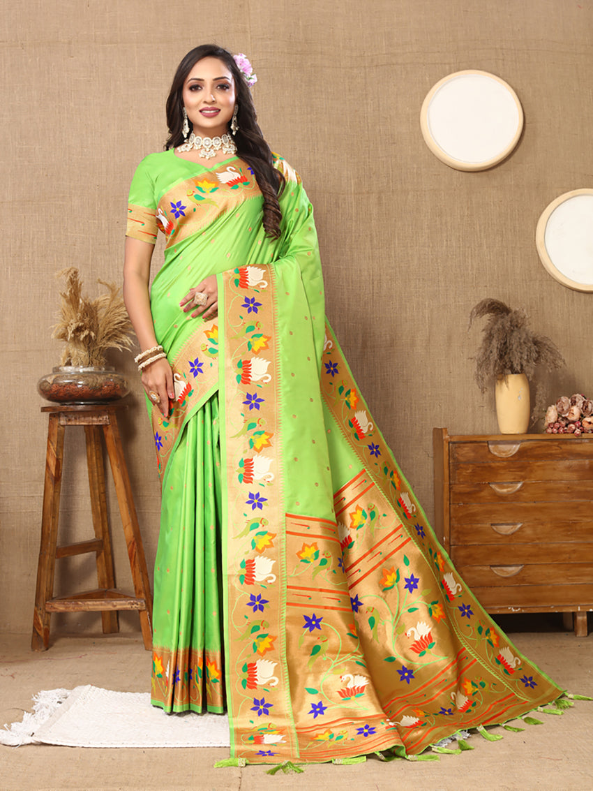 Lorenvalley Fashion Parotgreen Soft Paithani Silk Woven Design Rich Zari Meenakari Weaving Saree