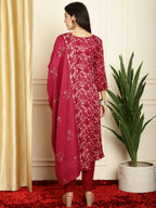 Jyoti Fashion Women's Red Pashmina Floral Digital Printed Kurta with Trouser & Dupatta