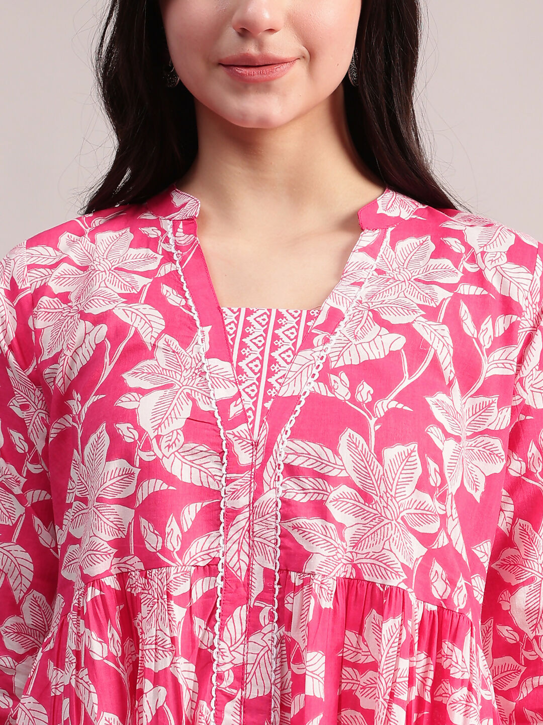 Aavyora Women's Pink Floral Cotton Kurta with Lace Detailing, with Trouser & Dupatta