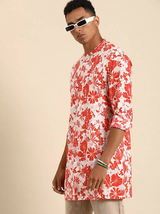 Red & White Men pure Cotton Floral Printed Straight Kurta - Mahotsav