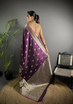 Joban Fashion Wine Banarasi Soft Lichi Silk Paisley Saree - Distacart