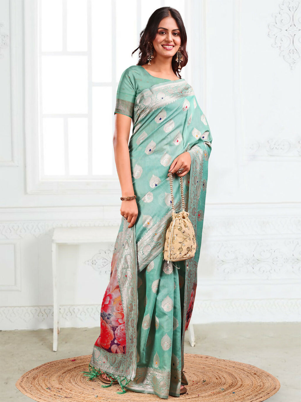 Shree Shyam Fashion Linen Cotton Rama Green Saree - Distacart