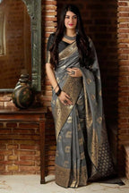 DEIANA'S Beautiful Designer Golden zari Soft Lichi Silk Saree - Grey