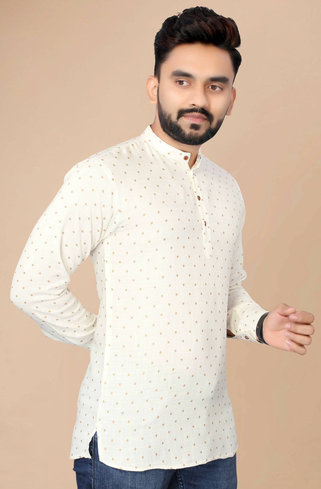 Mens Off White Viscose Foil Print Kurta - Mahotsav