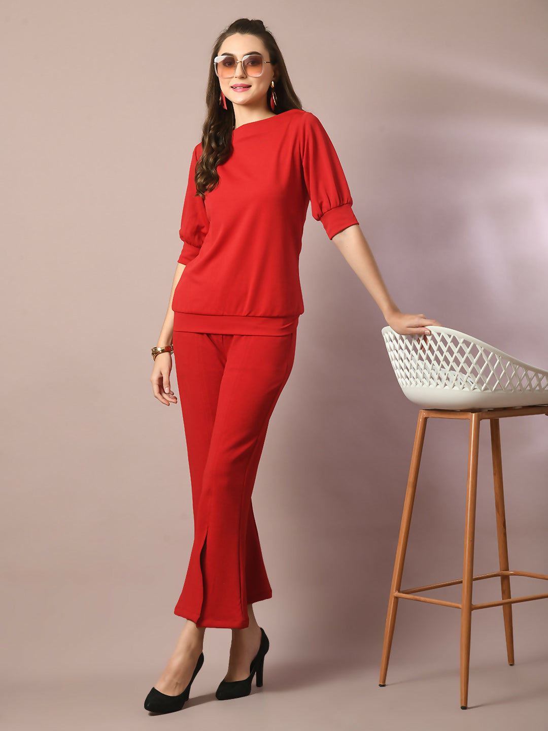 Myshka Women's Red Solid Boat Neck Party Top