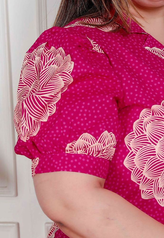 Miravan Plus Size Womens Pink Printed Collar Neck Short Puff Sleeves Cotton A-Line Maxi Dress - Distacart