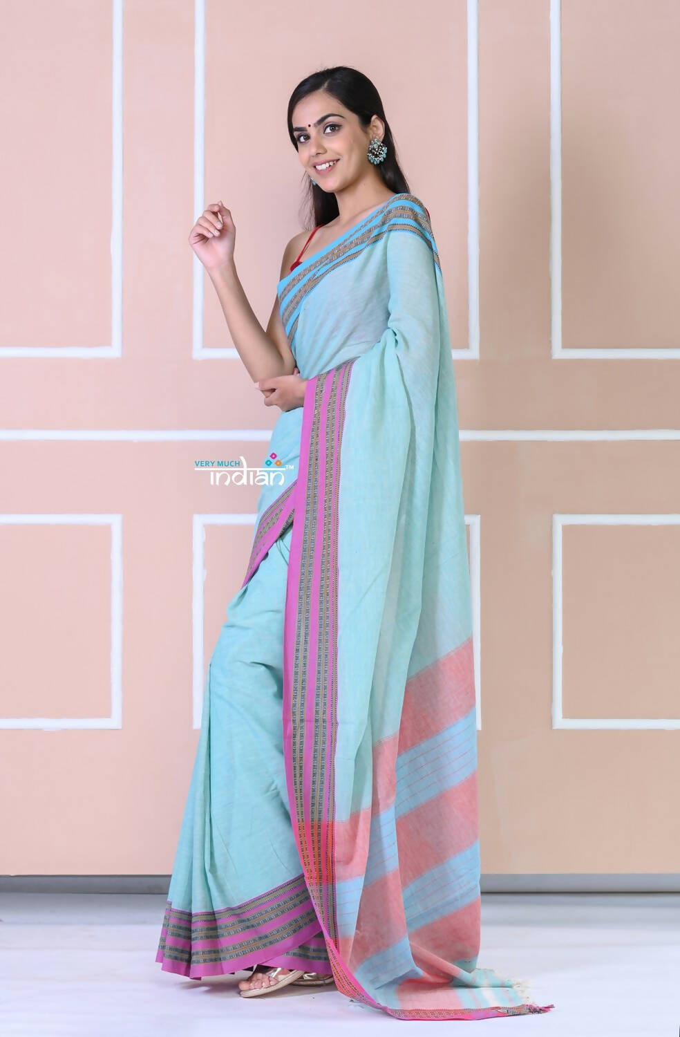 Very Much Indian Traditional Patteda Anchu Ilkal Handloom Saree - Sky Blue - Distacart