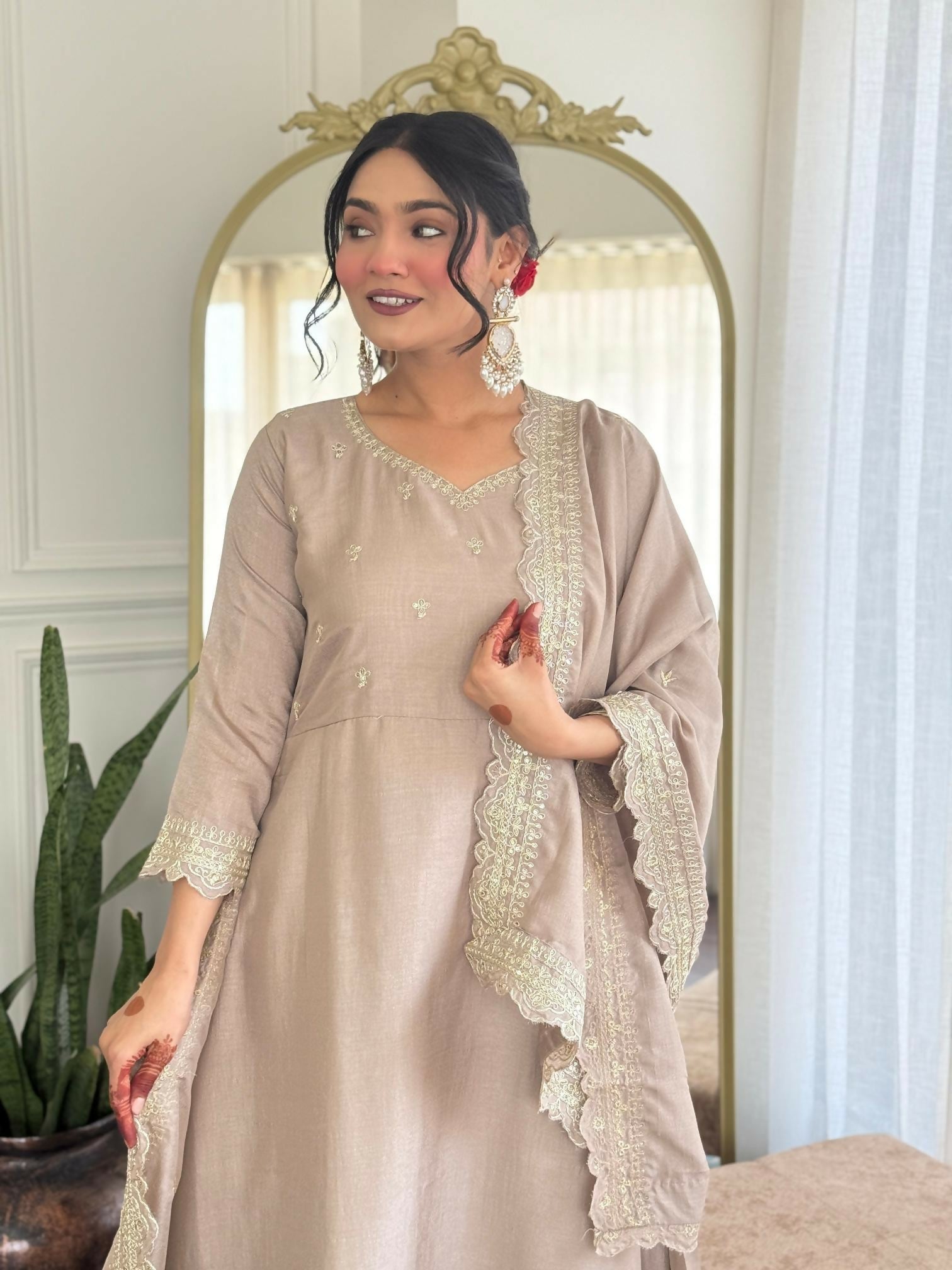 The52 CreamWomen's Gorgeous Vichitra Silk Fabric Embroidered Work Flared Anarkali Pant and Dupatta Set - Distacart
