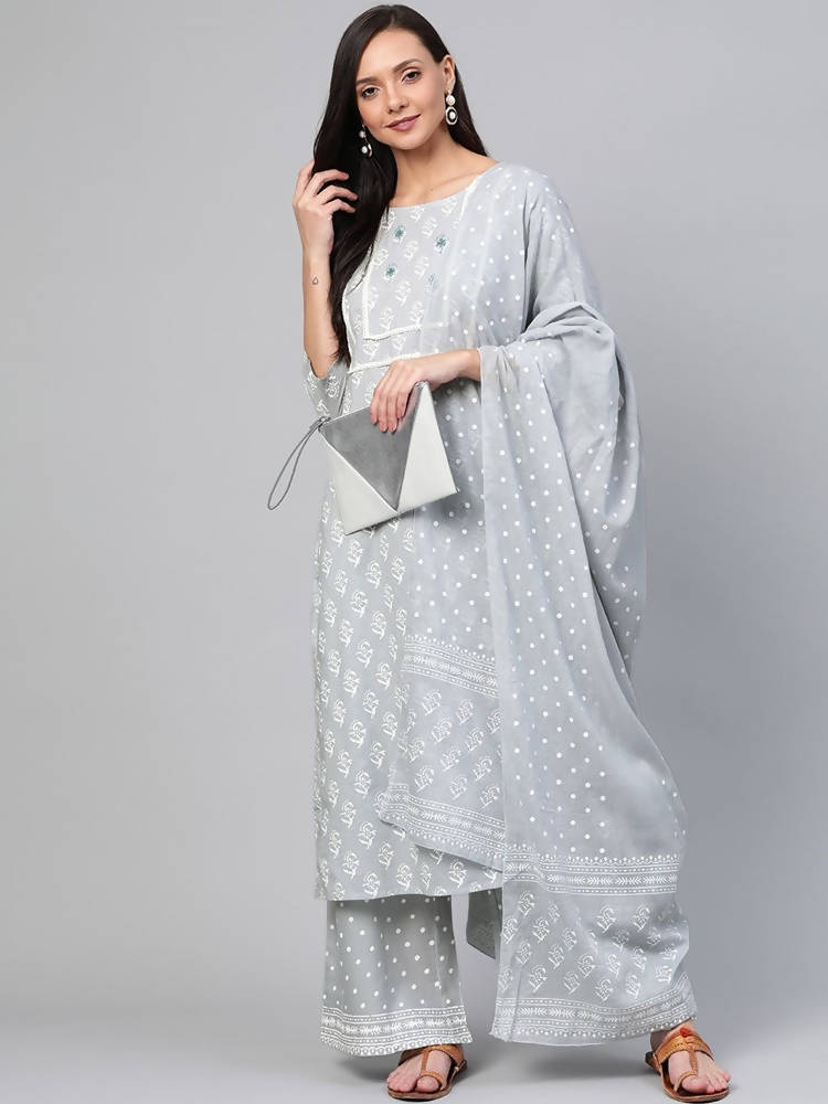 Yufta Grey and White Printed Kurta With Palazzo and Dupatta Set