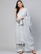 Yufta Grey and White Printed Kurta With Palazzo and Dupatta Set