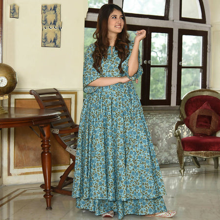 PartyWear Designer Sky Blue Pure Maslin Palazzo Suit - Anbazaar