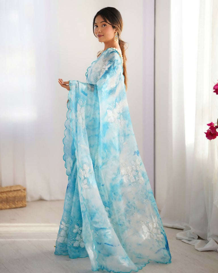 Sky Blue Jimmy Choo Printed, Sequence Embroidery Work Saree - Saima
