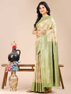 Shree Shyam Fashion Aura Silk Cream Light Green Banarasi Silk Saree