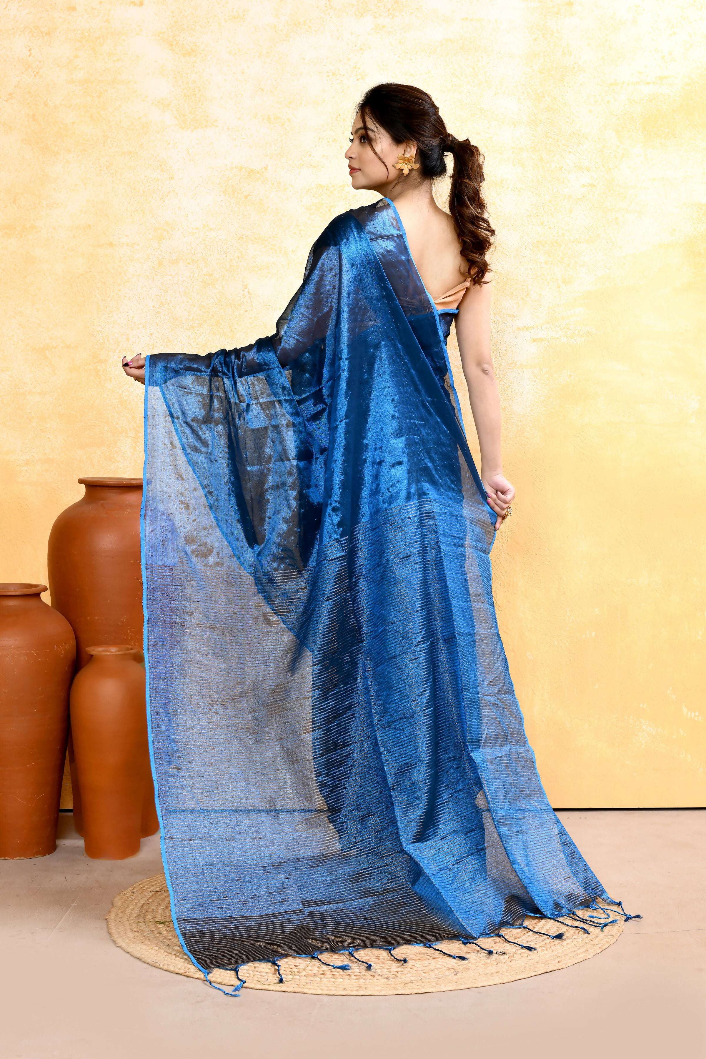 Piyari Fashion Women's Blue Dual Tone Organic Tissue Saree With Blouse Piece - Distacart