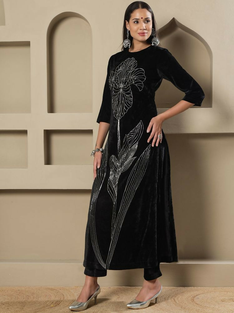 Joban Fashion Women Black Velvet Hand Embellishment Stitched Kurta Set - Distacart
