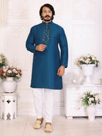 Anaita Teal Silk Straight Kurta With Neck Mirror Work