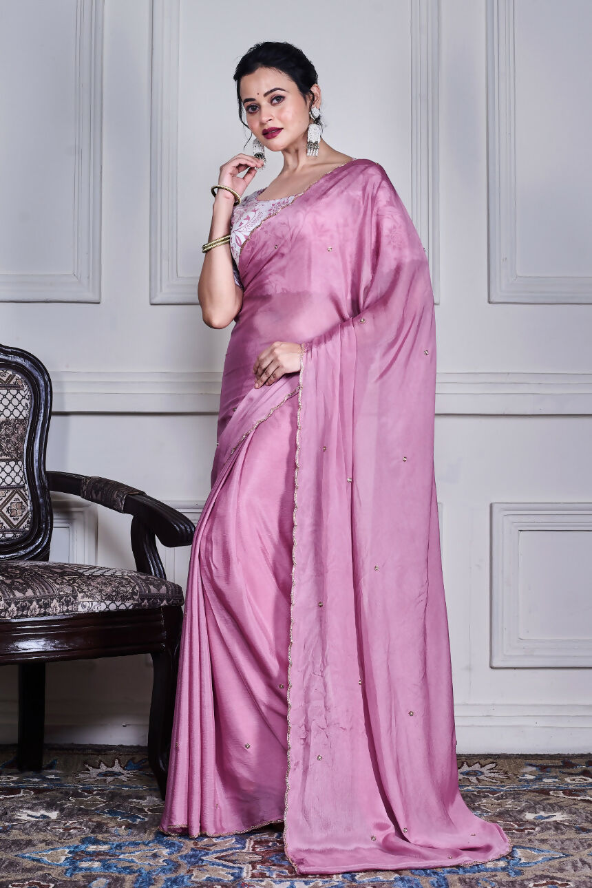 Morchari Purple Chiffon Hand Embroidery Saree And Stitched Blouse - Distacart