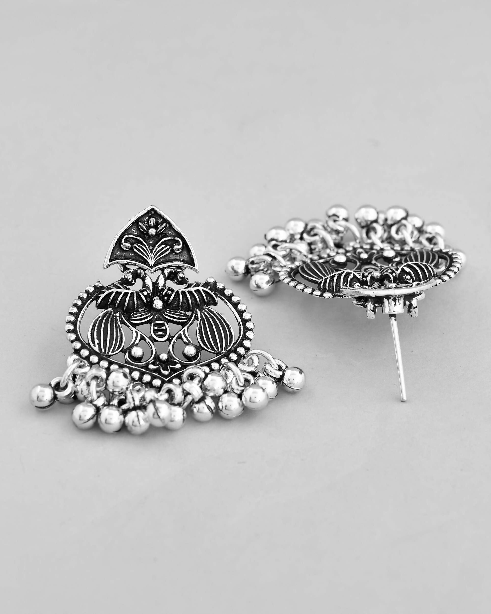 VOJ Silver Plated Oxidized Long Necklace with Earring Set