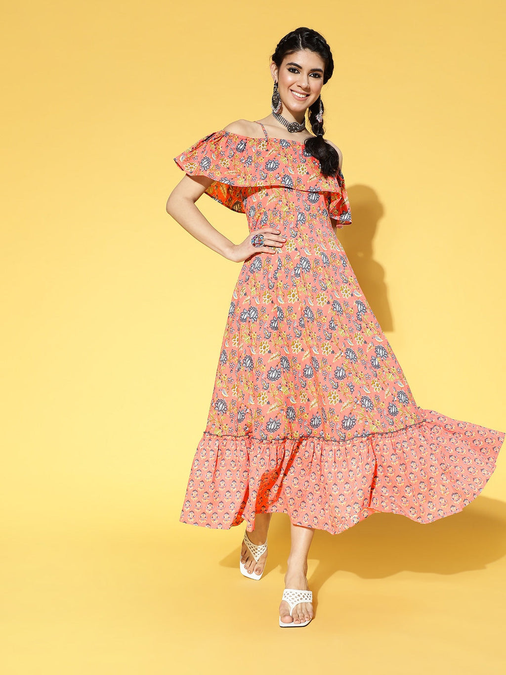 Yufta Peach-Coloured & Blue Floral Printed Dress - Distacart