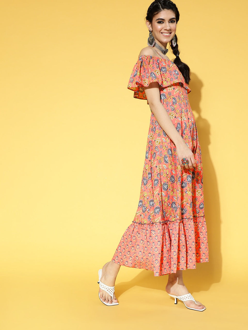 Yufta Peach-Coloured & Blue Floral Printed Dress - Distacart