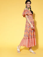 Yufta Peach-Coloured & Blue Floral Printed Dress - Distacart