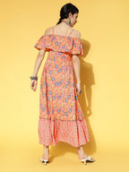 Yufta Peach-Coloured & Blue Floral Printed Dress - Distacart