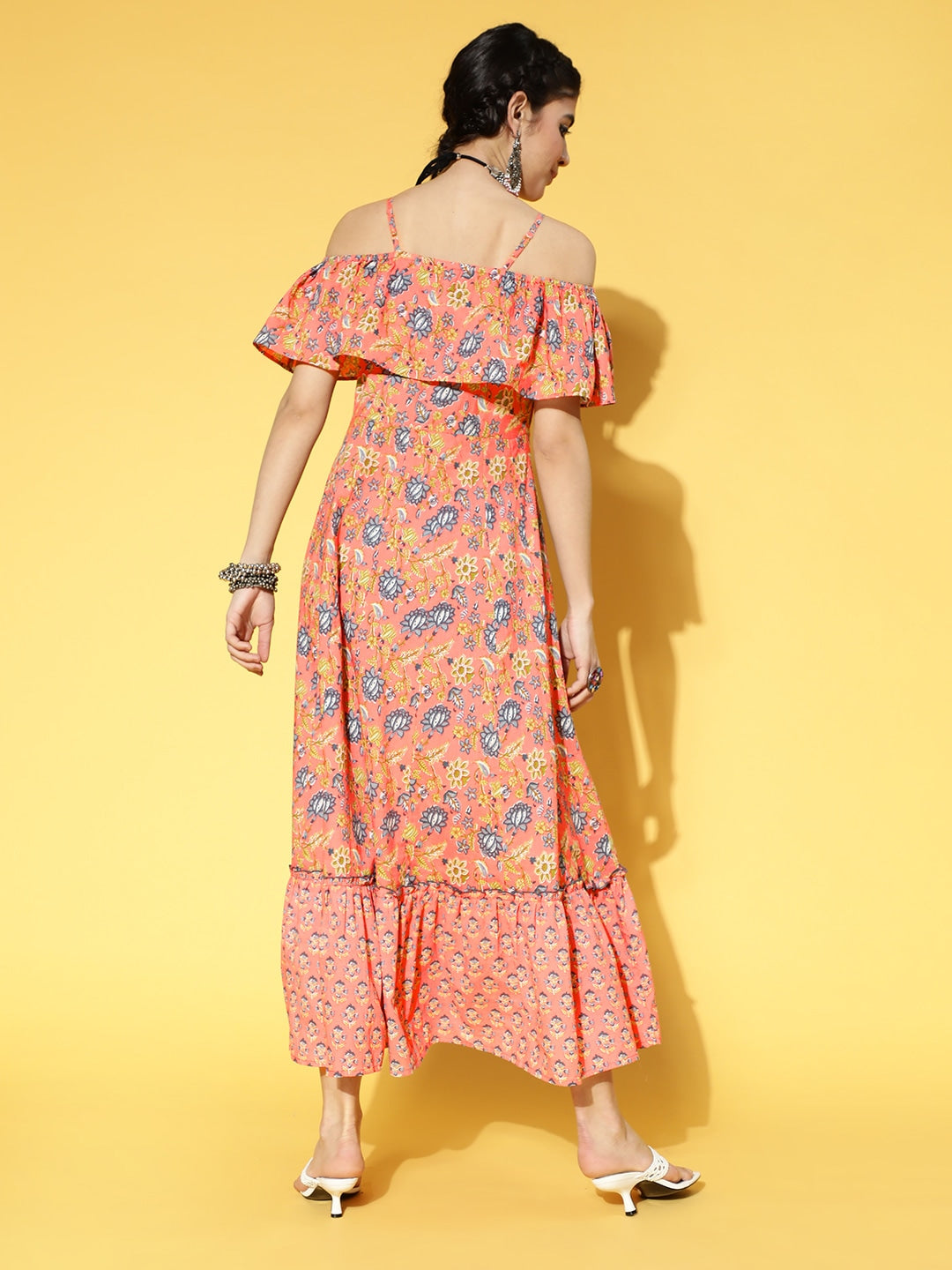 Yufta Peach-Coloured & Blue Floral Printed Dress - Distacart