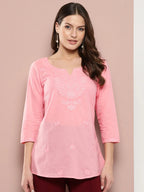 Yufta Peach Floral Chikankari Embroidered Pure Cotton Top
