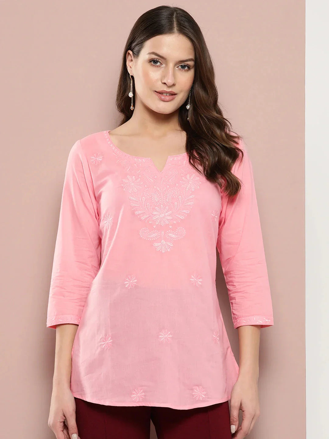 Yufta Peach Floral Chikankari Embroidered Pure Cotton Top